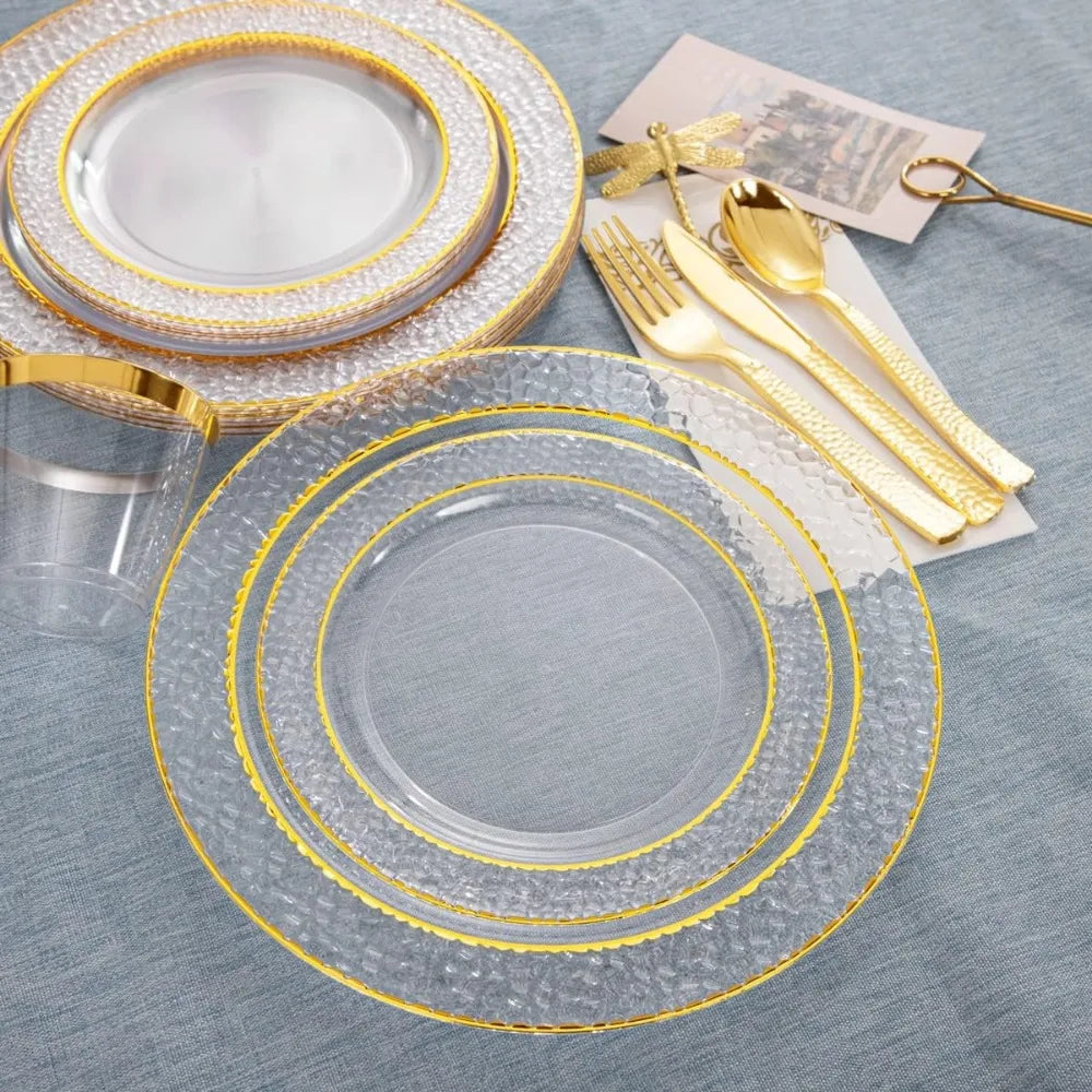 350PCS Gold Disposable Dinnerware Set, 50 Dinner Plates,