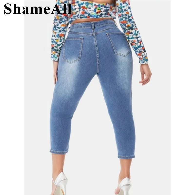 Womens Plus Size Casual Jeans With Pockets Button