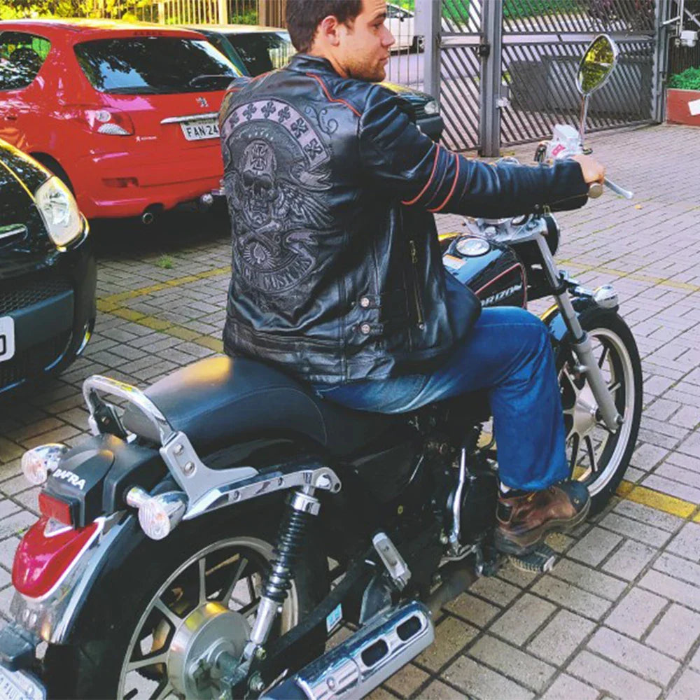 Black Embroidery Skull Motorcycle Leather Jackets 100% Natural