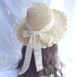 Wide Brim Straw Hat Foldable Big Lace Bow