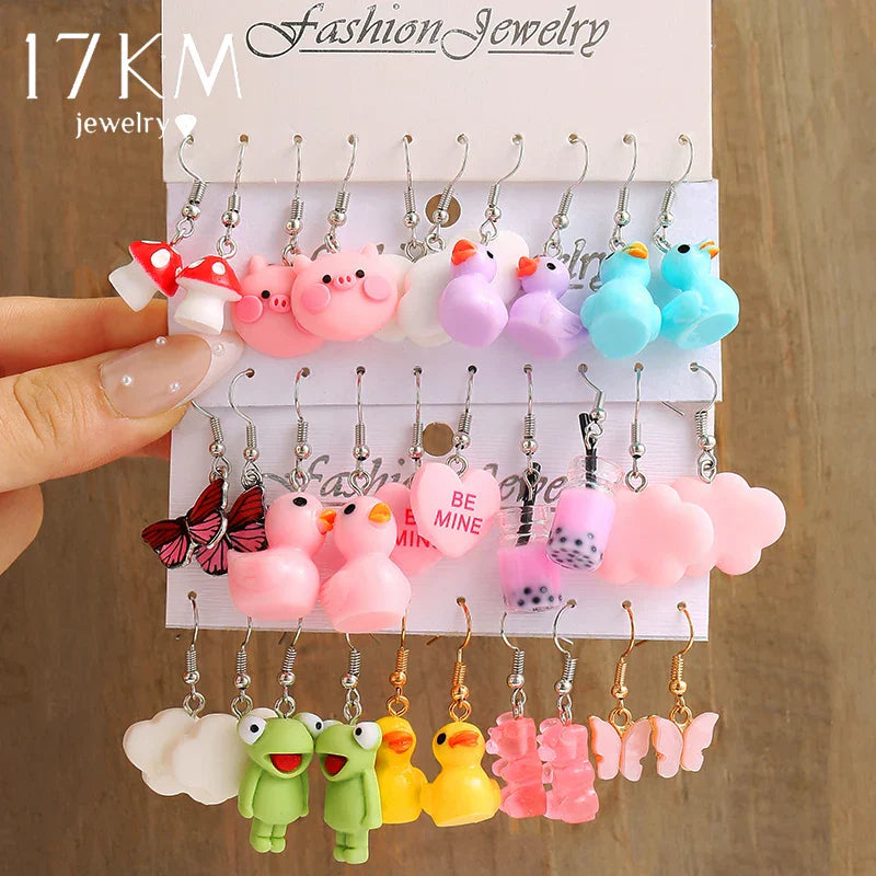 17KM Cartoon Frog Duck Earrings Set Animal Butterfly