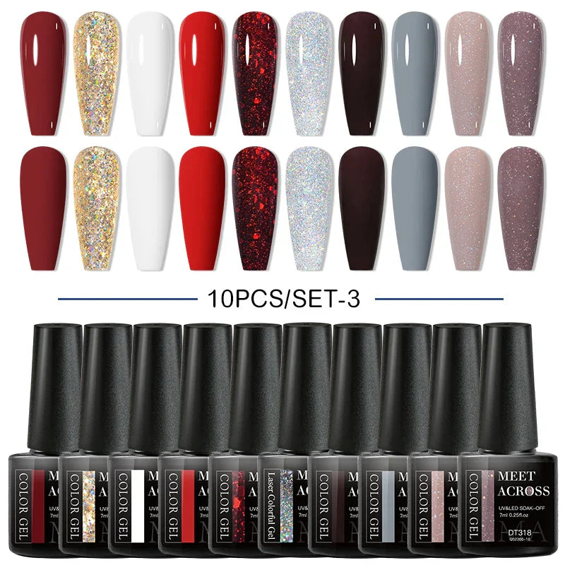 10Pcs Nude Glitter Gel Nail Polish Set Purple