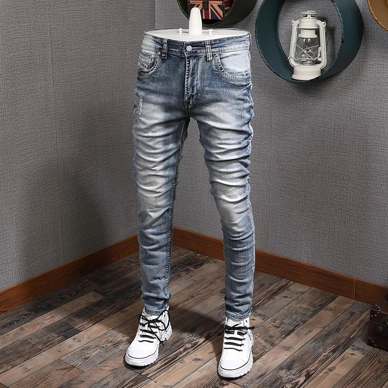 Fashion Designer Men Jeans Retro Light Blue Stretch