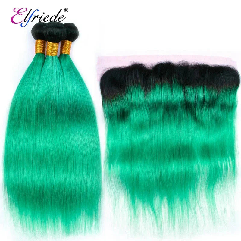 Elfriede 1BLight Green Straight Ombre Colored Hair Bundles