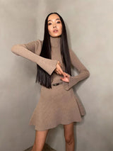 Ribbed Knitted Long Flare Sleeved Mini Dress Half