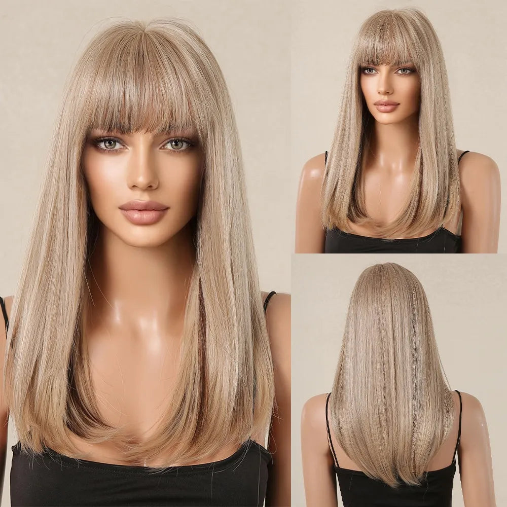 Blonde with Brown Highlight Long Straight Synthetic Wigs