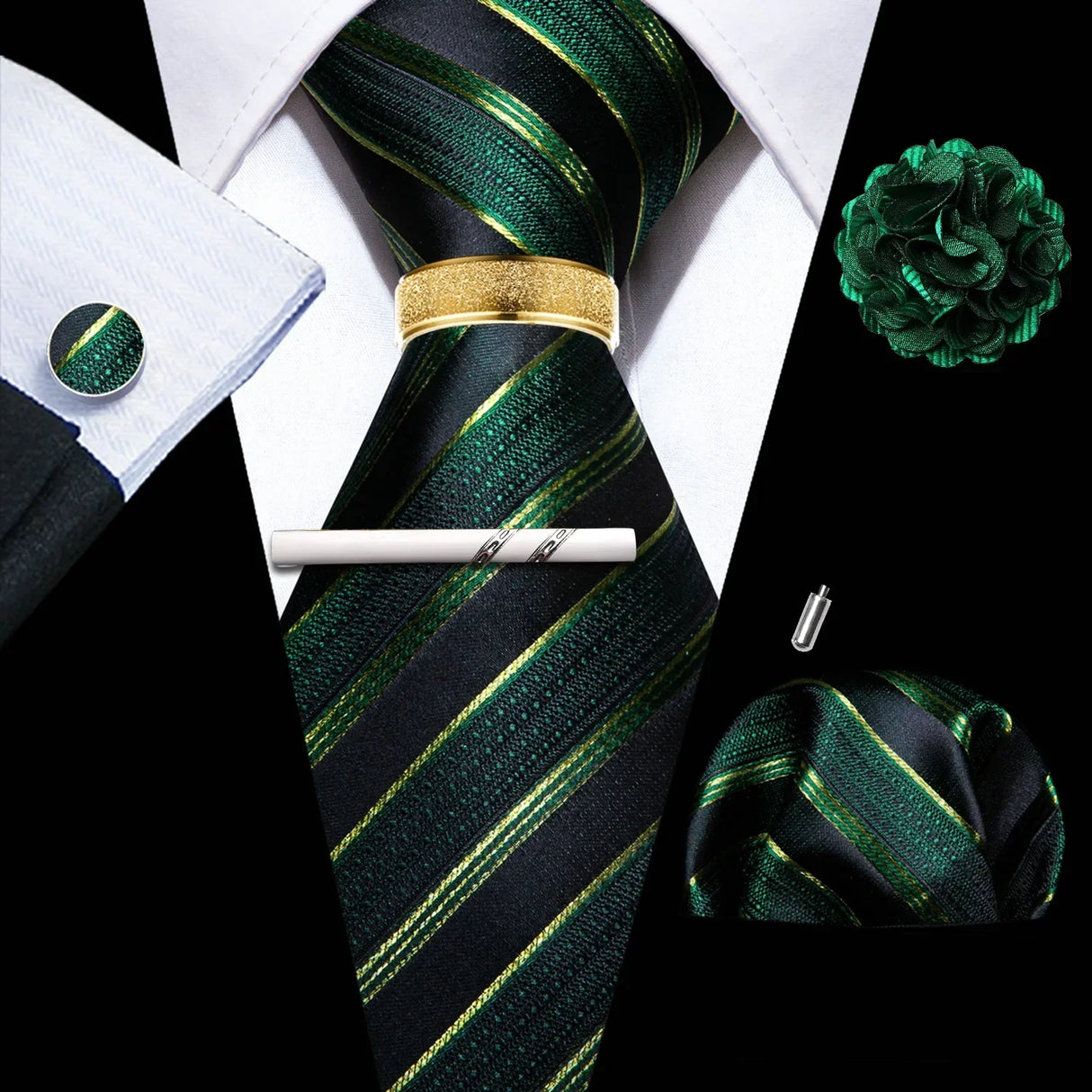 Barry.Wang Silk Mens Tie Hanky Cufflinks Clip Brooch