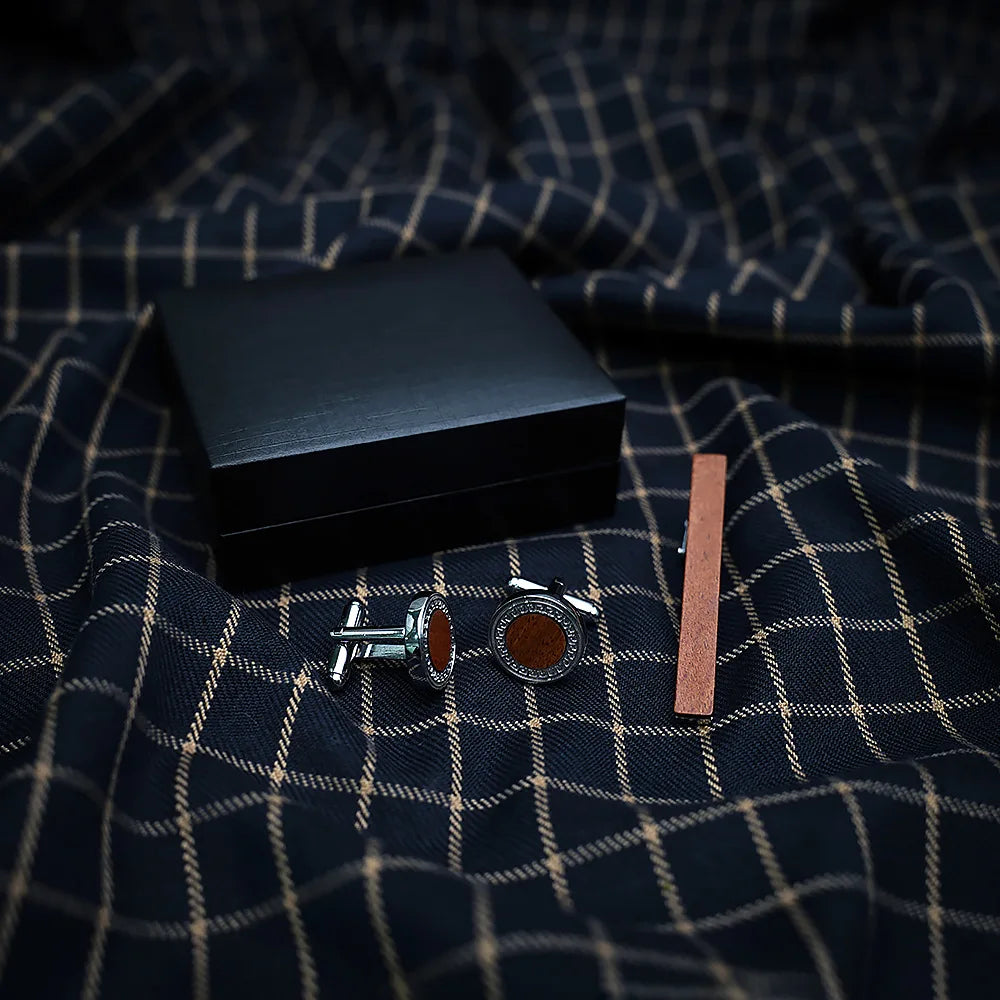 French Cufflinks Tie Clip Set Square Grid Round