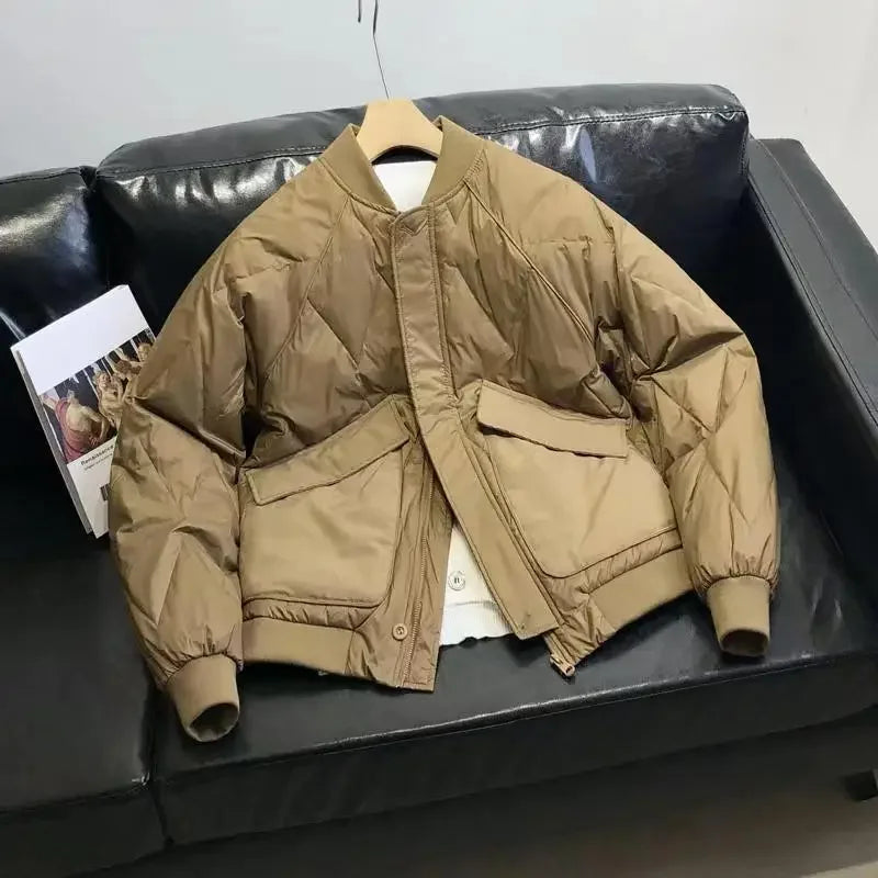 Winter Big Pocket Zipper Down Jacket Warm Vintage