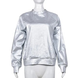 Silver Metallic PU Sweatshirt For Women Long Sleeve