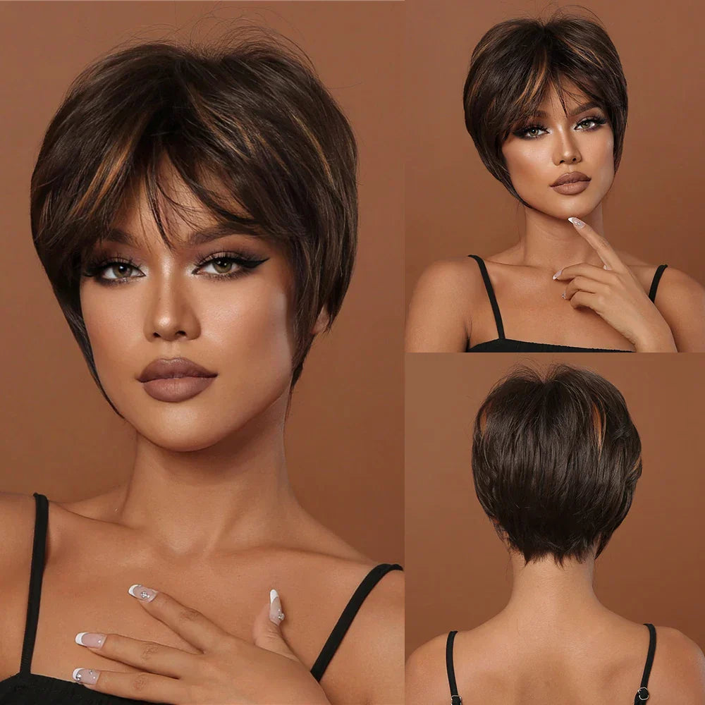 Short Pixie Cut Wig with Highlight Straight Chocolate