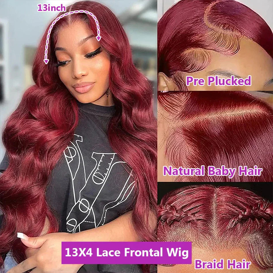 250% Body Wave Burgundy 13x4 Hd Lace Frontal