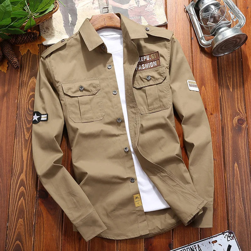 Men's Shirts Military Casual Shirt Cotton Khaki Retro