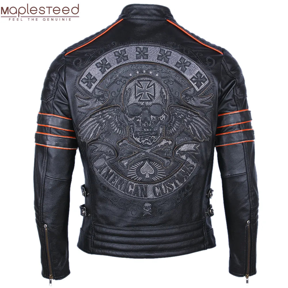 Black Embroidery Skull Motorcycle Leather Jackets 100% Natural