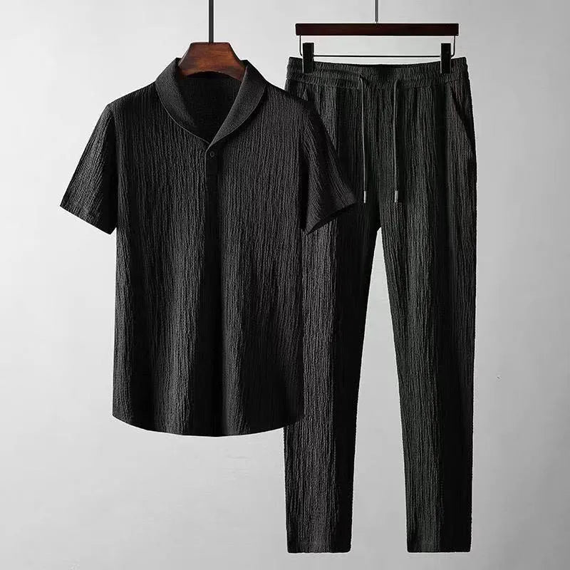 Men's 2024 Solid Pleate Two Piece Suits Summer