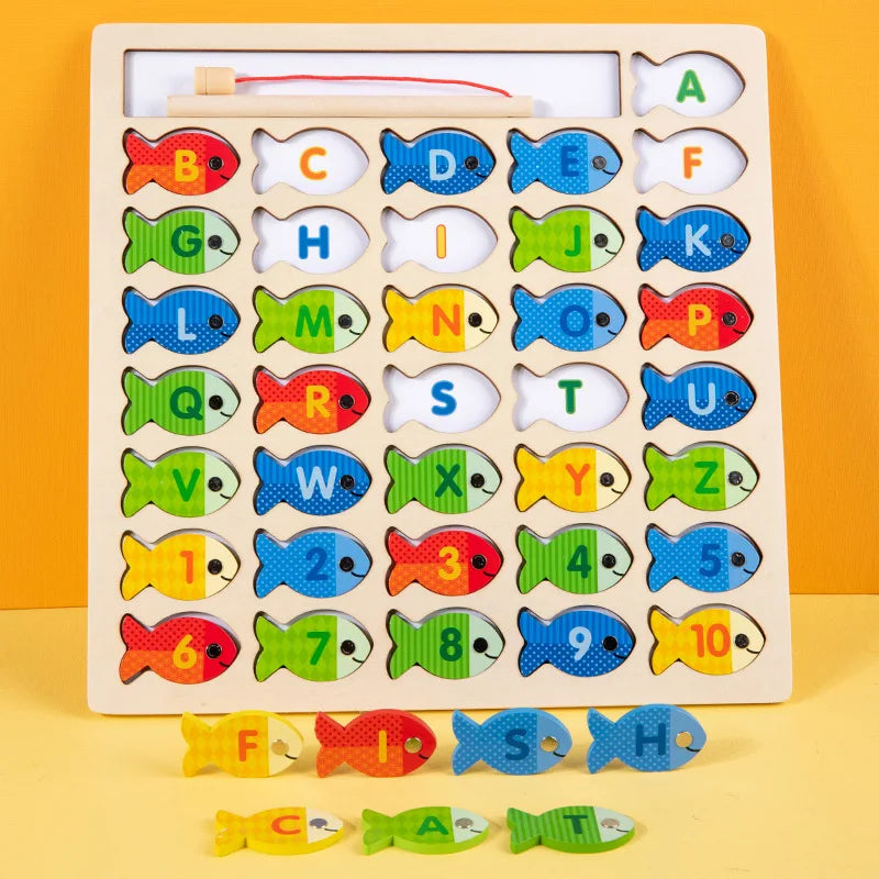 Montessori Baby Wooden Magnetic Fishing Toys Letter Cognition