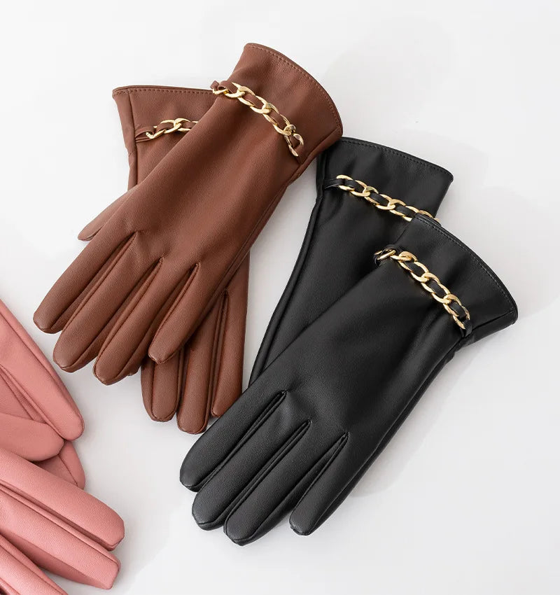 Fashion Chain Women' PU Leather Gloves Winter Warm