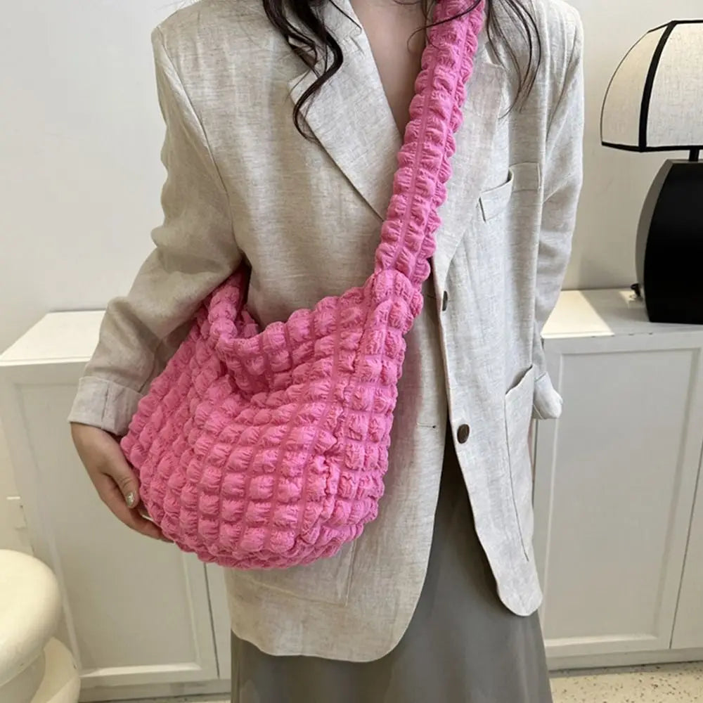 Plaid Quilted Shoulder Bag Cute Pleated Bubbles Solid