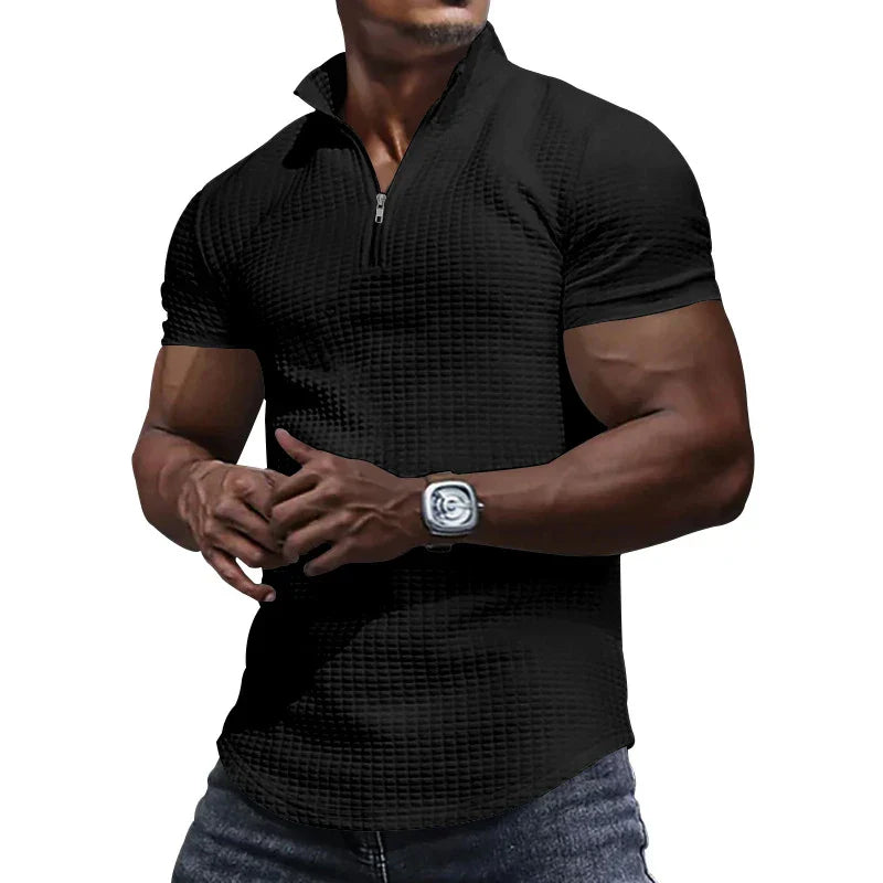 Fashion Waffle Plaid Stand Collar Polo Shirt Men