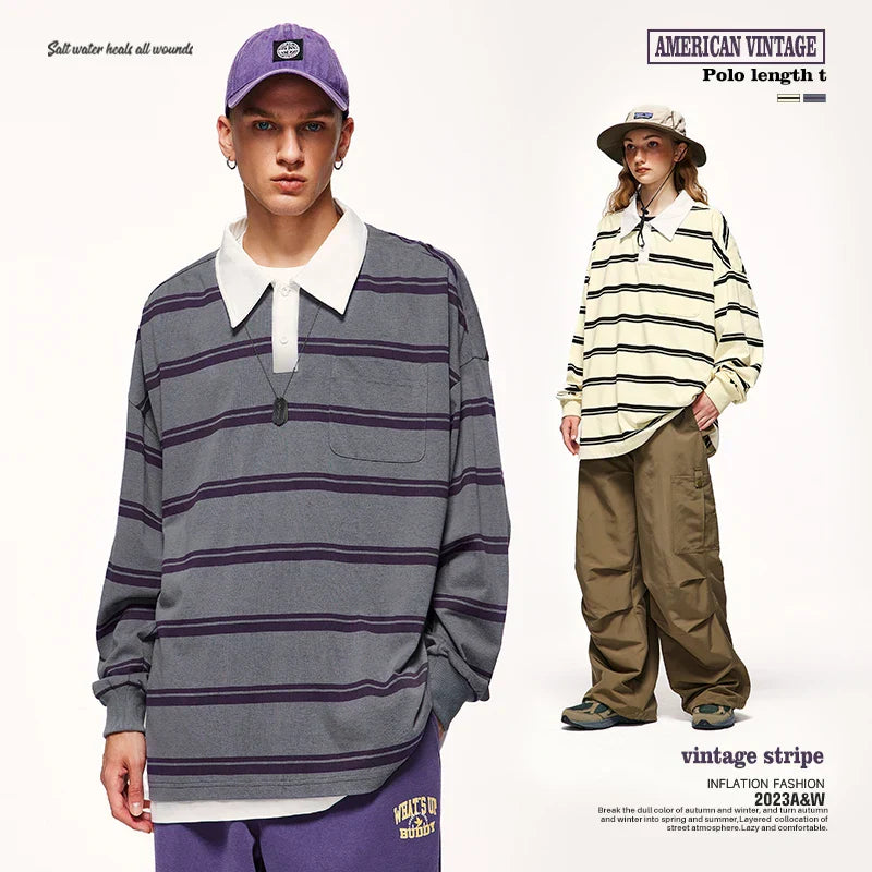 INFLATION Cityboy Striped Oversized Rugby T-Shirt Unisex Harajuku