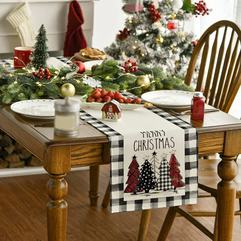 Linen Christmas Table Runner Snowman Xmas Tree Home