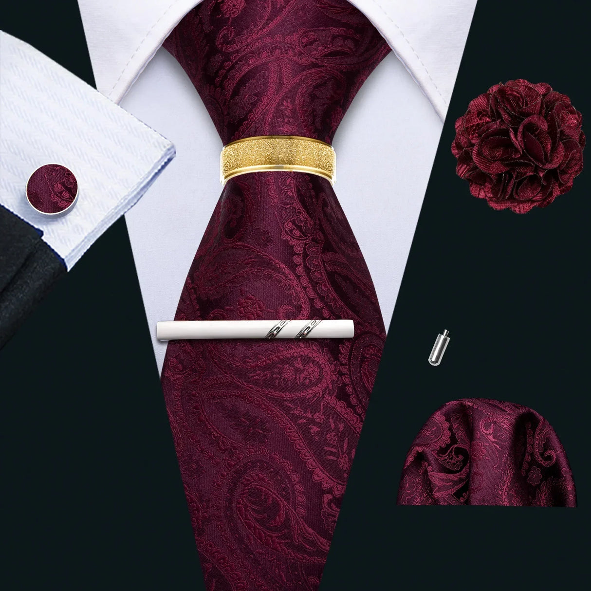 Barry.Wang Silk Mens Tie Hanky Cufflinks Clip Brooch