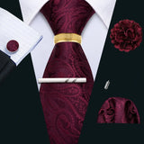 Barry.Wang Silk Mens Tie Hanky Cufflinks Clip Brooch