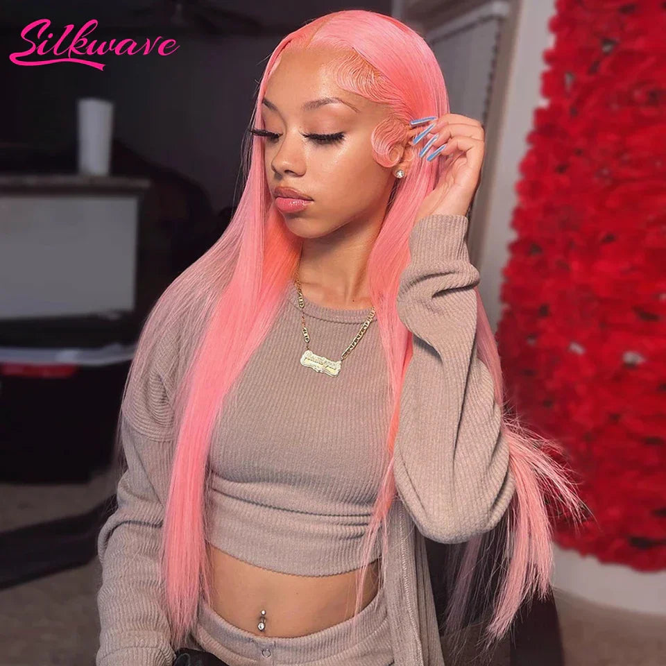 30 36 Inch pink lace front wig Human