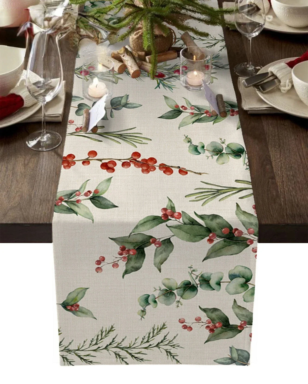 Modern Elegant Table Runner Eucalyptus Berries Robin Table