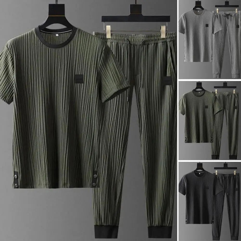 Summer Men Pleated Shirt Pants Two-pieces Set Thin