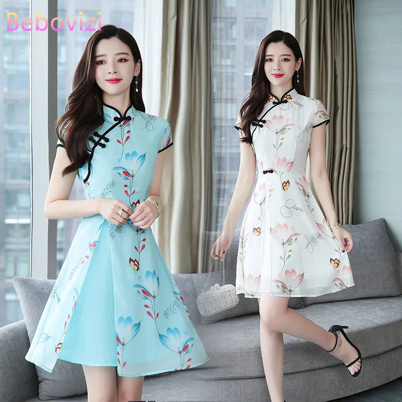 2023 Summer New Modern Improved Cheongsam Chiffon Printing