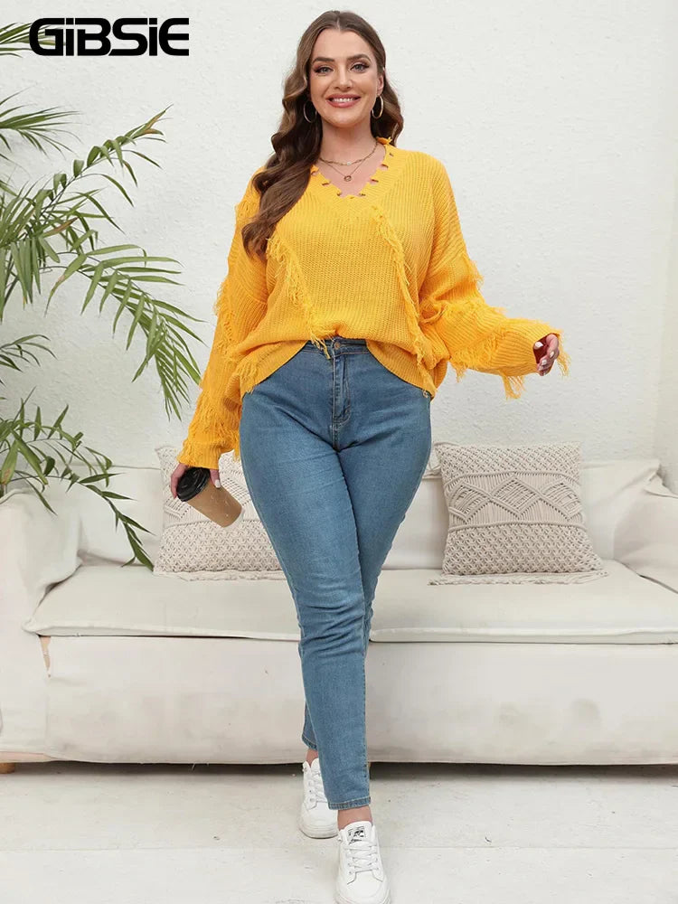 GIBSIE Plus Size V Neck Long Sleeve Pullover