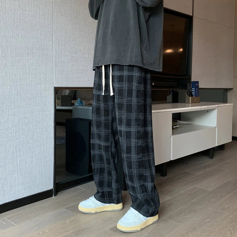 Men Checkered Casual Pants Loose Straight Corduroy Pants