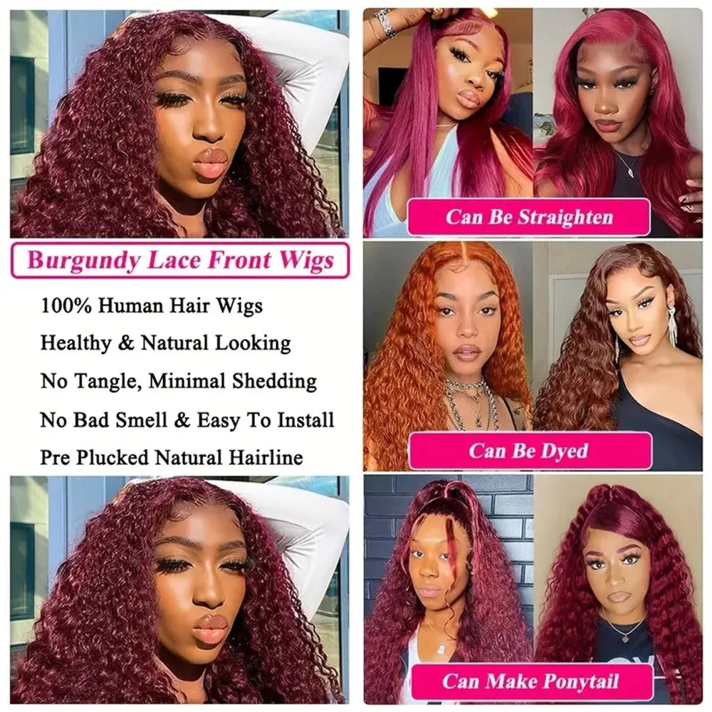 30 40 Inch Curly 99j burgundy 13x4 Lace