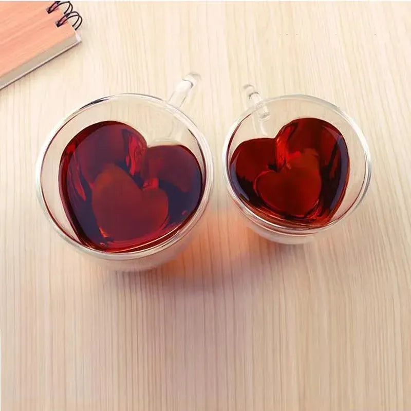 Heart Love Shape Glass Coffee Mug Cup Double