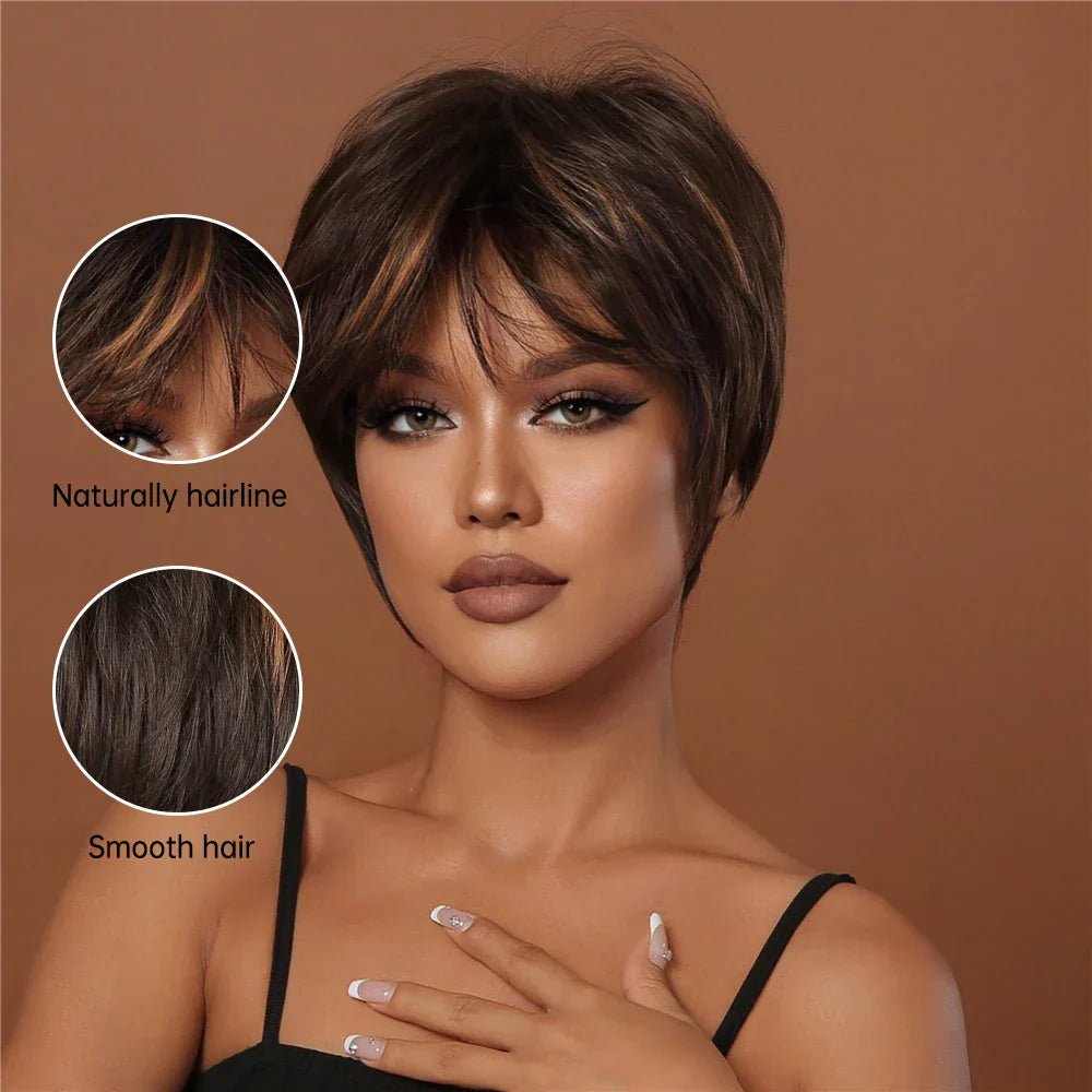 Short Pixie Cut Wig with Highlight Straight Chocolate