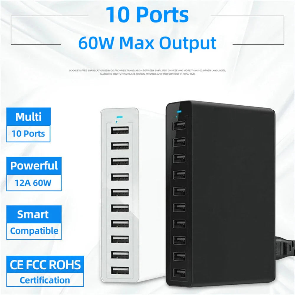 60W 10Port USB Charger for iPhone iPad Kindle