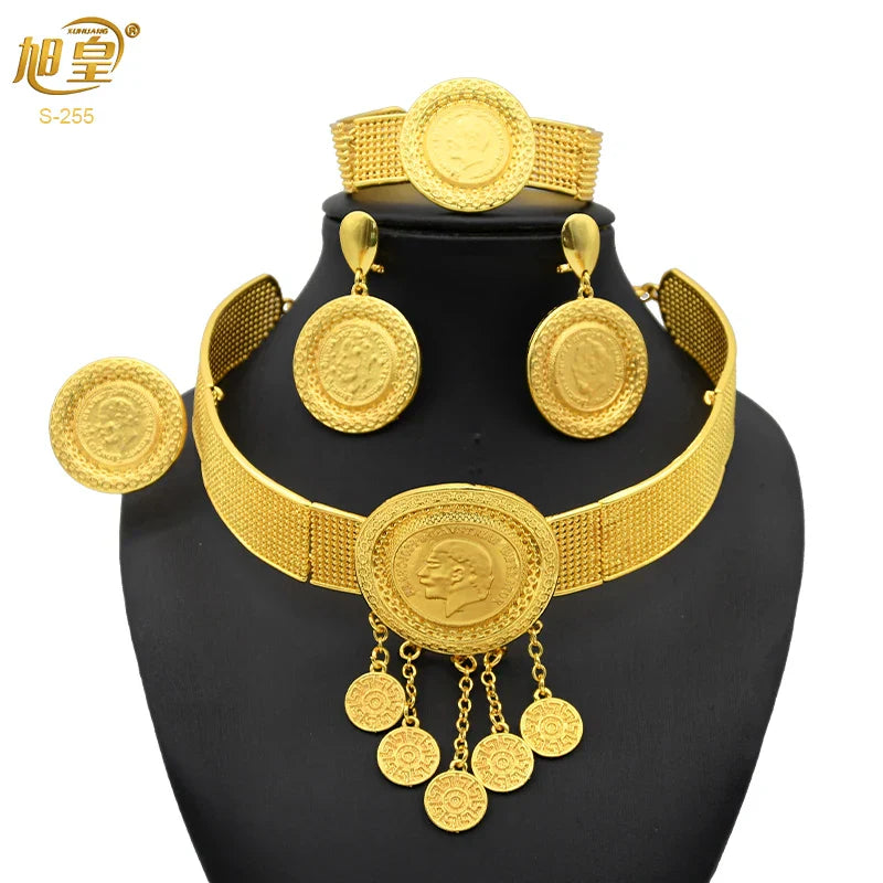 African 24K Gold Color Coins Necklace Bracelet Sets
