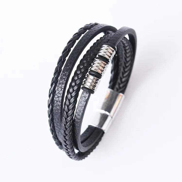 Trendy Leather Bracelets Men Stainless Steel Multilayer Braided