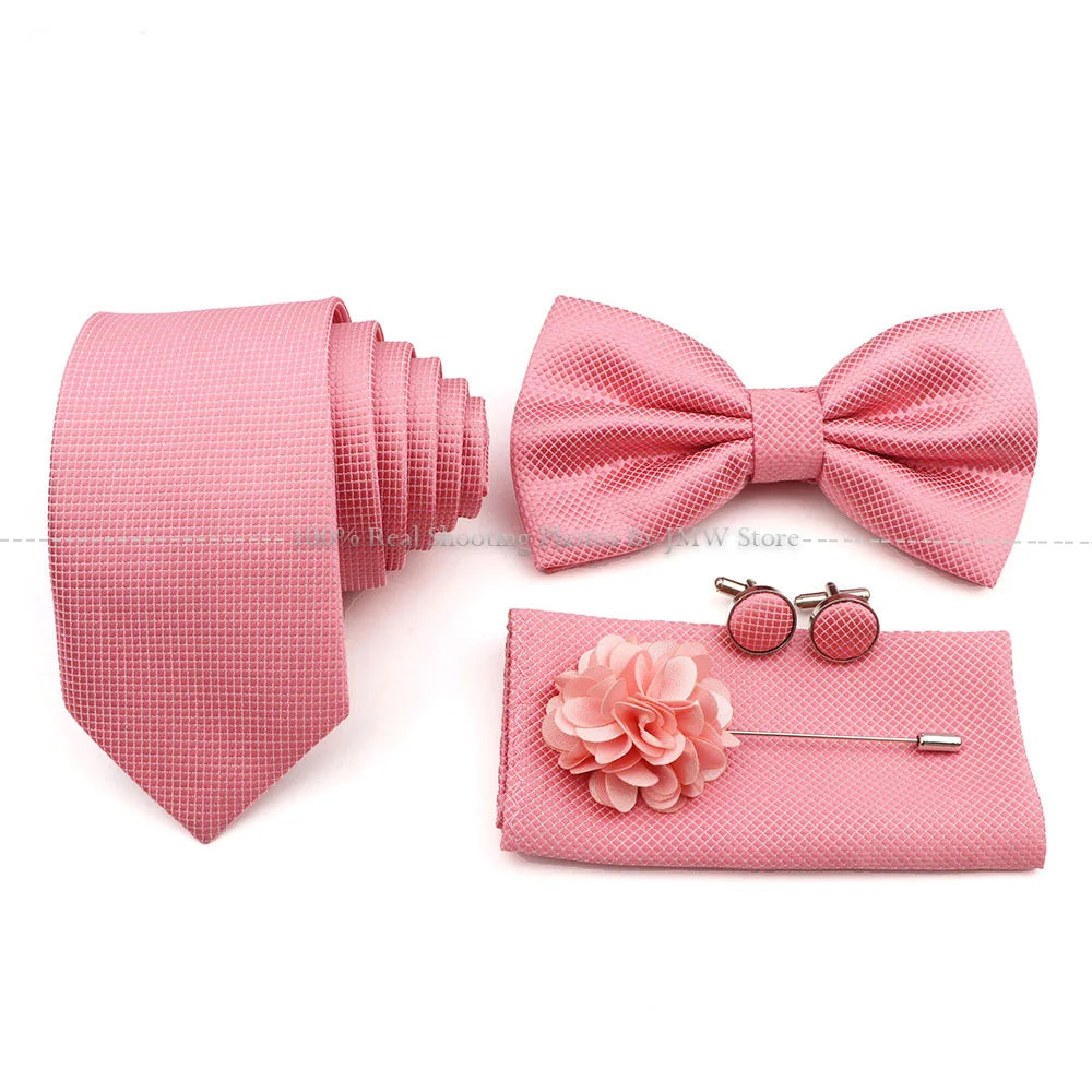 5 Pcs Slim Plaid Tie Set Polyester Pink