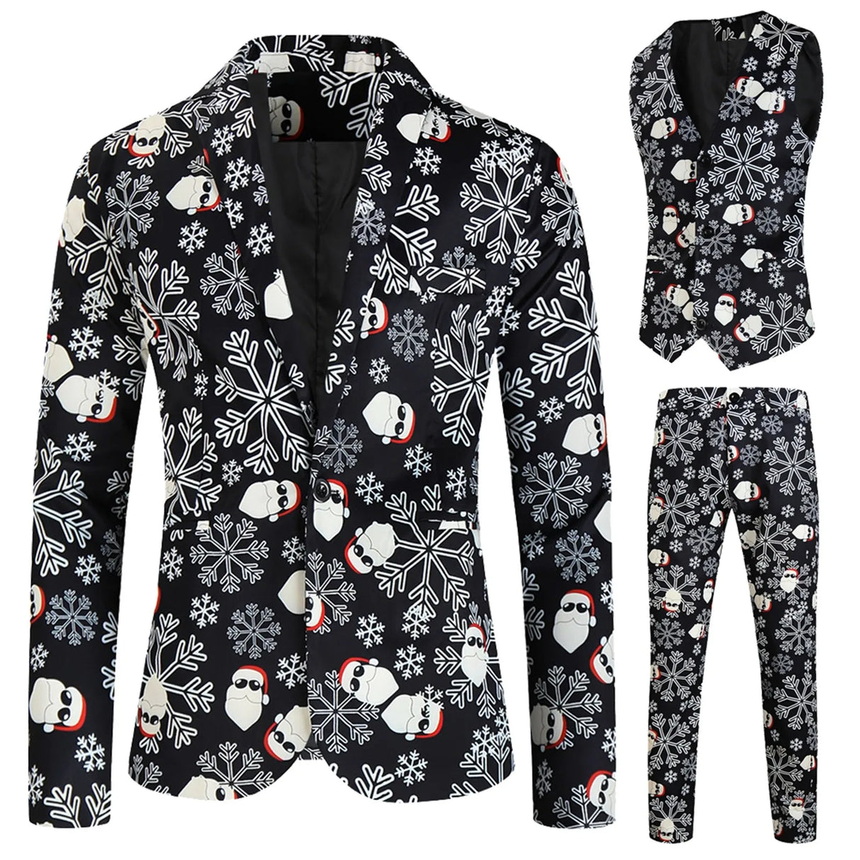 Mens Fashion Casual Suit Printed Christmas Jacket Pants
