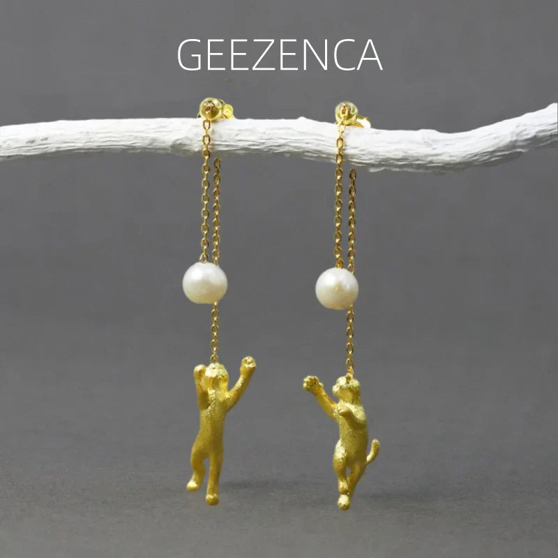 GEEZENCA 925 Sterling Silver Gold Plated Cat With