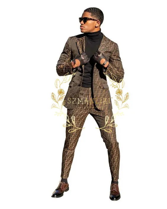 Luxury Fashion Brown Plaid Groom Tuxedos Double Breasted