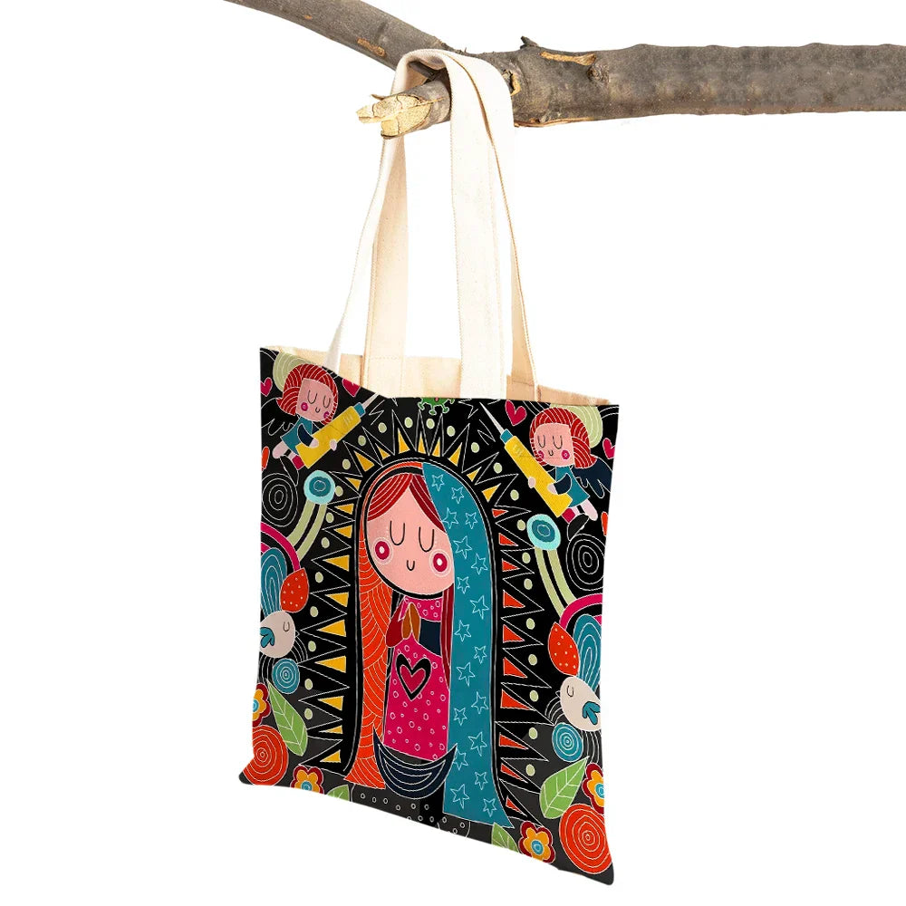 Ladies Shopping Bag Cartoon Virgin Mary Series Handbag Foldable Reusable Cloth Shopper Harajuku Style Student Canvas Tote