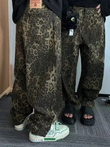 Tan Leopard Jeans Men Denim Pants Male Oversize