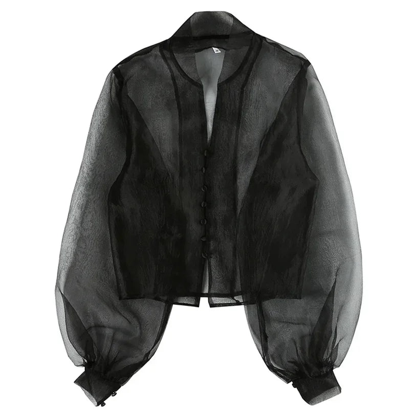 Lantern Sleeve Shirt Bubble Sleeve Perspective Mesh Mask