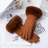 Women Faux Rabit Fur Wrist Suede Leather Touch