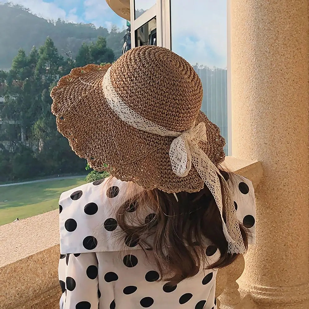 Big Lace Bow Straw Hat Foldable Wide Brim