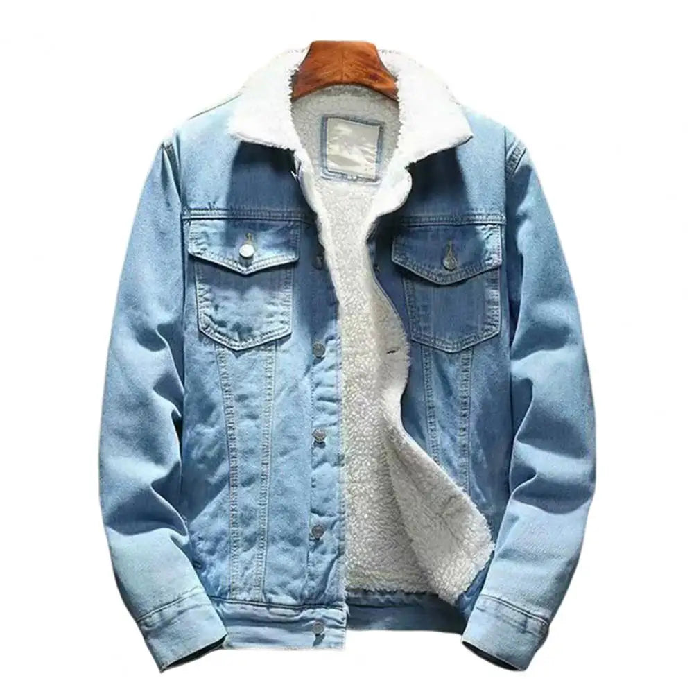 Men Jean Jacket Thicken Lamb Cashmere Lining Solid