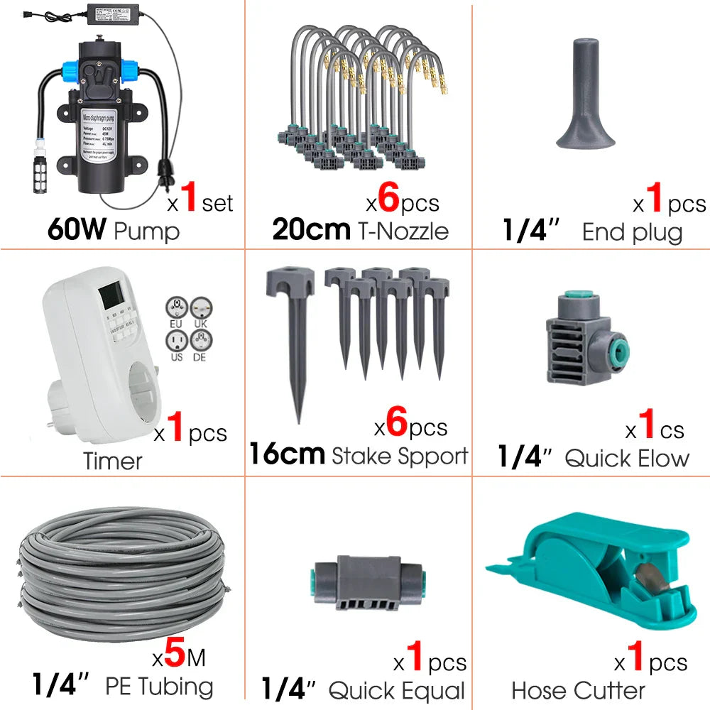 60W Self-Priming Pressurize Pump Mist Nozzle Watering System